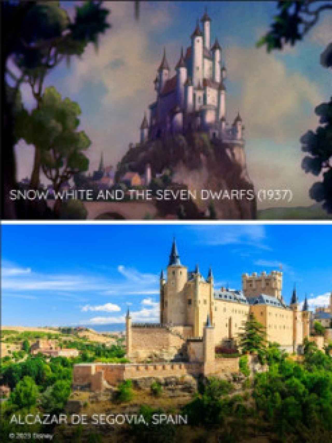 Comparativa entre el castillo de la película (arriba) y el real (abajo).
