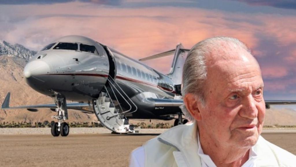 Montaje de EL ESPAÑOL con el avión en el que ha montado Juan Carlos I. Imágenes de VistaJets y Gtres.