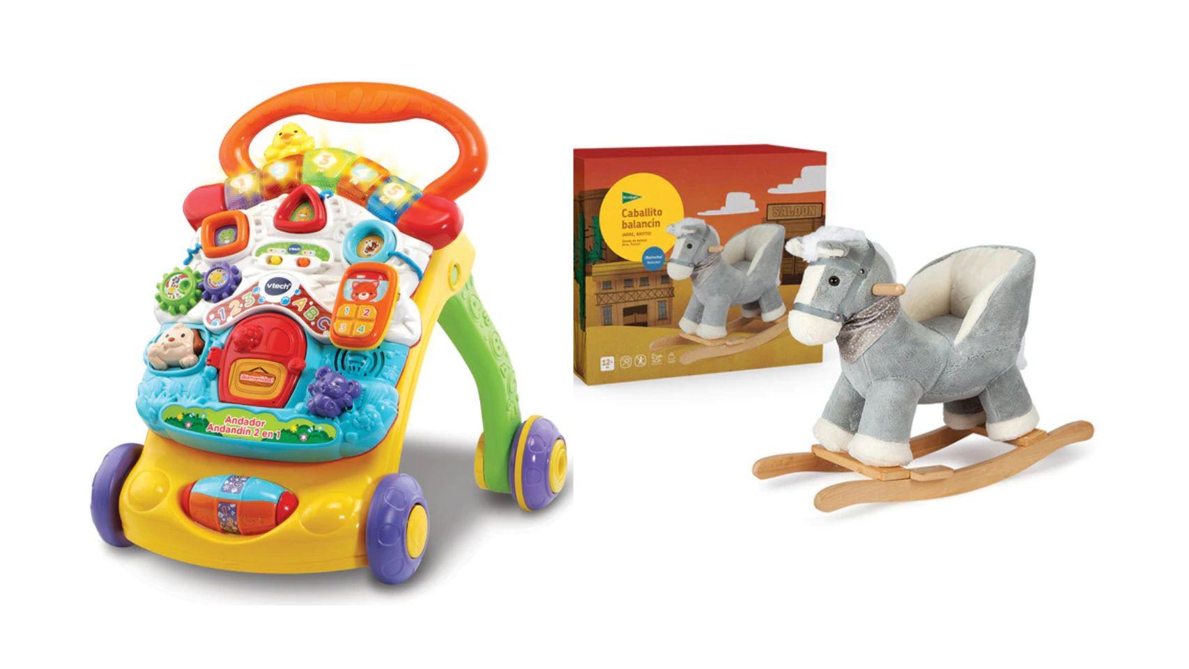 Andador Andadín 2 en 1 de VTech (54,99€) y caballito balancín de El Corte Inglés (76,95€).