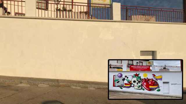 Imágenes de la pared con el mural borrado y el mural en cuestión en Castronuño