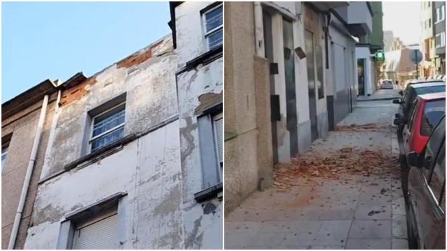 Cascotes caídos de un edificio en la calle Mariana Pineda de A Coruña.