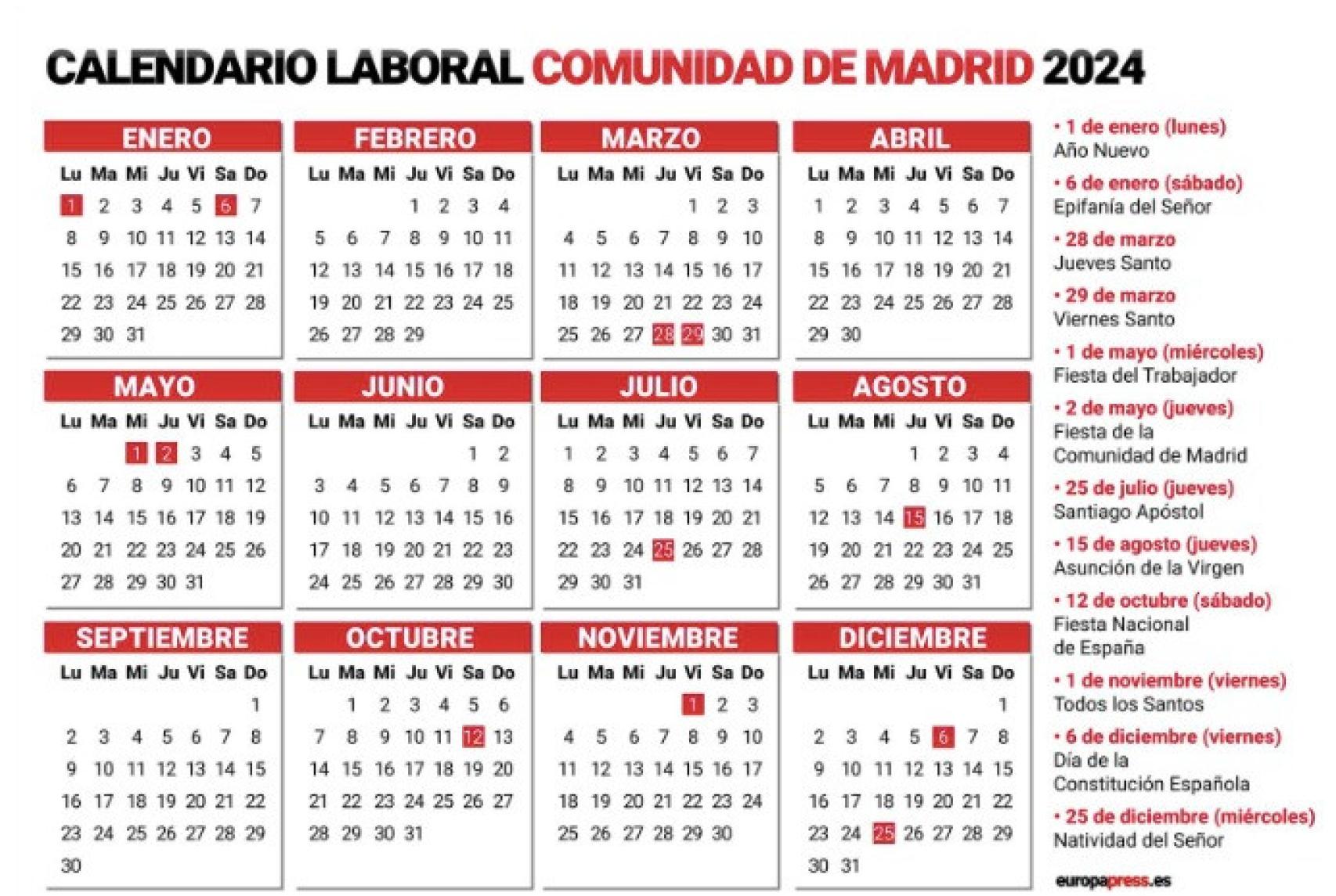 Calendario festivos 2024 en la Comunidad de Madrid.