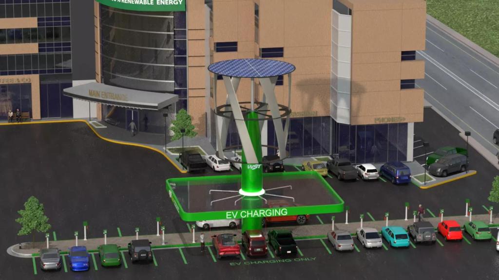 Varios coches usando la torre Wind & Solar.