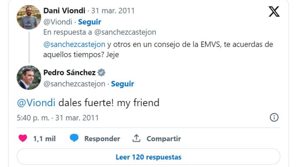 Intercambio de tuits entre Viondi y Sánchez en 2011.