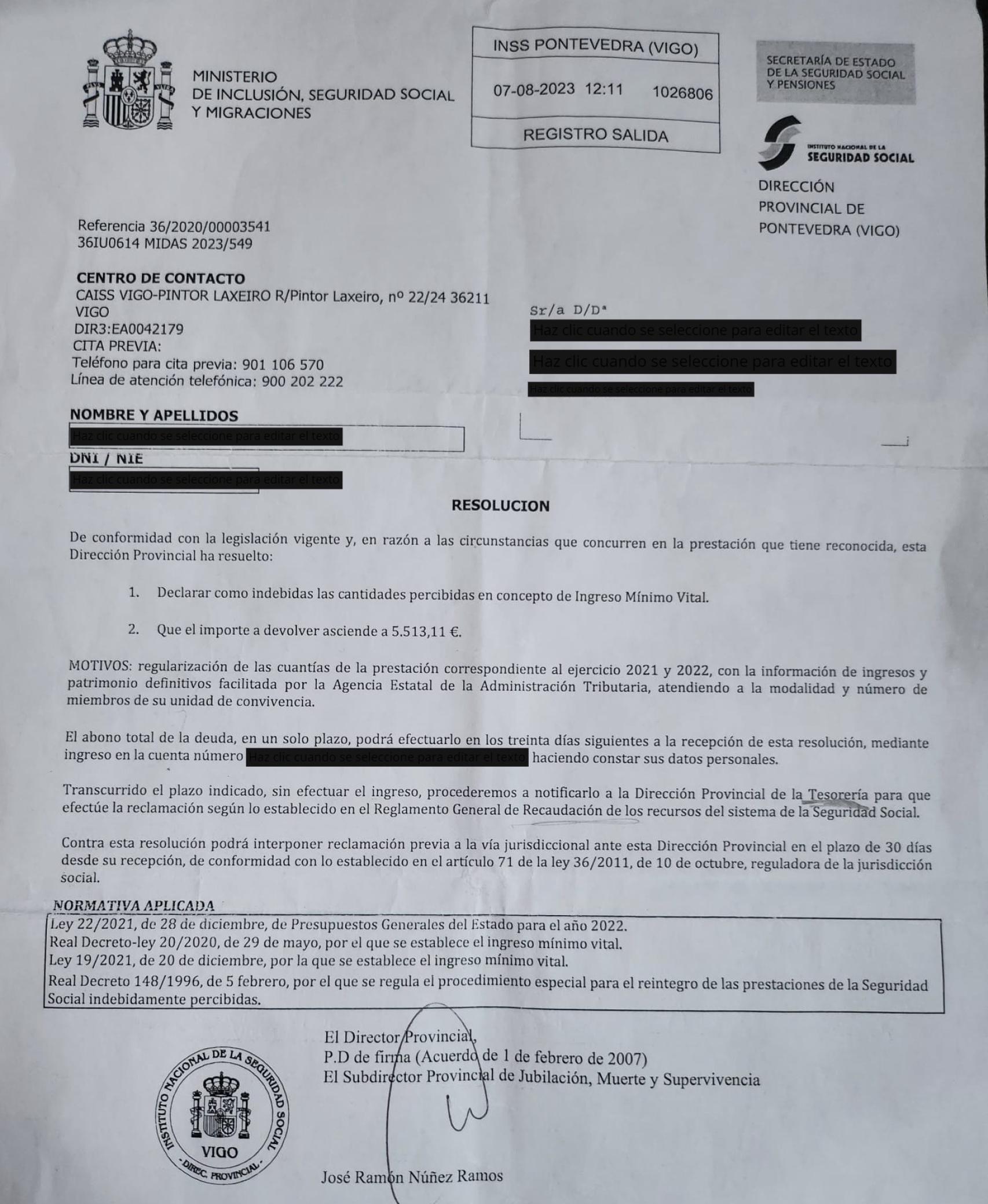 La carta en la que le pedían la devolución de casi 6.000 euros.