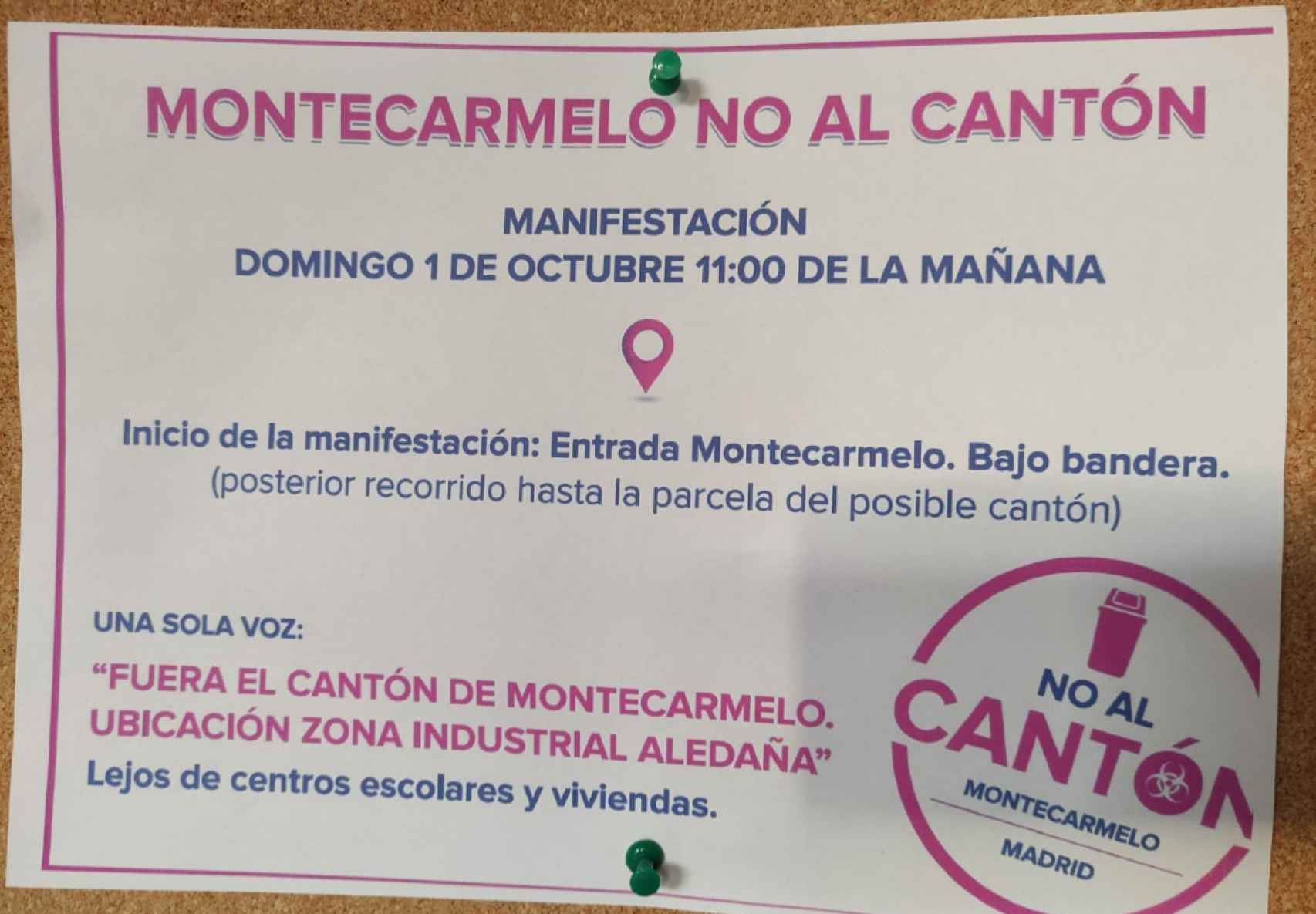 Una hoja informativa sobre la manifestación del domingo en Montecarmelo.