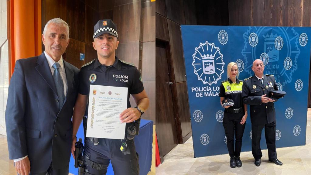 El oficial Giardín con su hijo Juan Carlos y el oficial Cebrián junto a su hija María.