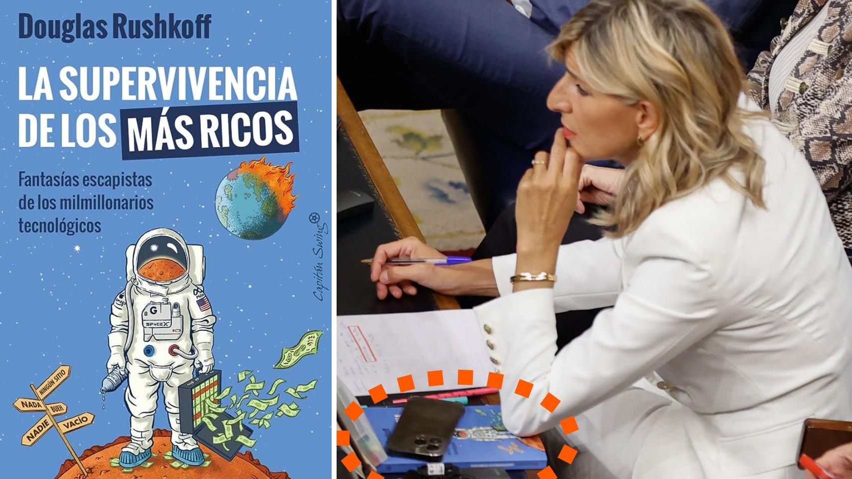 Yolanda Díaz, en la sesión de investidura con  el libro de Douglas Rushkoff 'La supervivencia de los más ricos' (Capitán Swing, 2023).