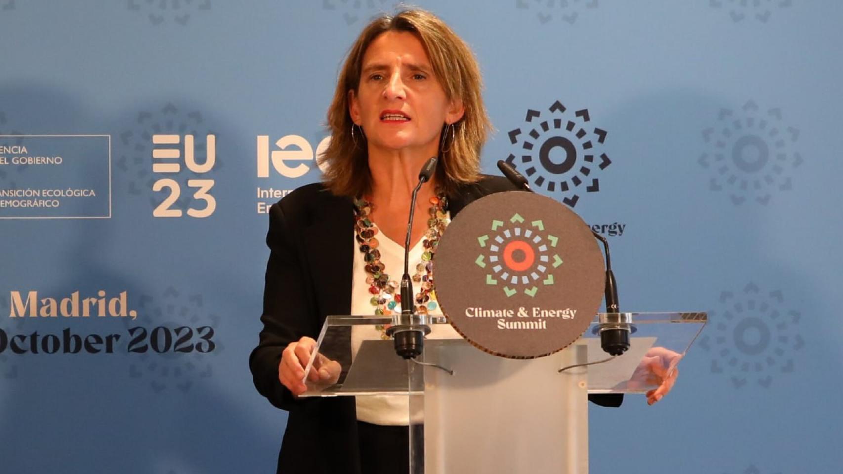 La vicepresidenta tercera y ministra en funciones para la Transición Energética, Teresa Ribera, en la Cumbre Internacional de Energía y Clima celebrada el 2 de octubre de 2023 en Madrid.