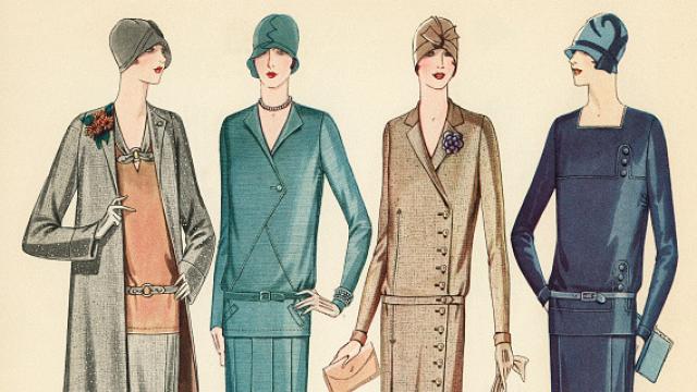 Ilustración de cuatro 'flappers' modelando trajes de los diseñadores franceses Claire Soeurs, Jenny y Chanel, 1928.