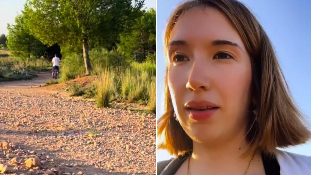 El hombre en la bicicleta y la 'tiktoker' en dos capturas del vídeo viral.