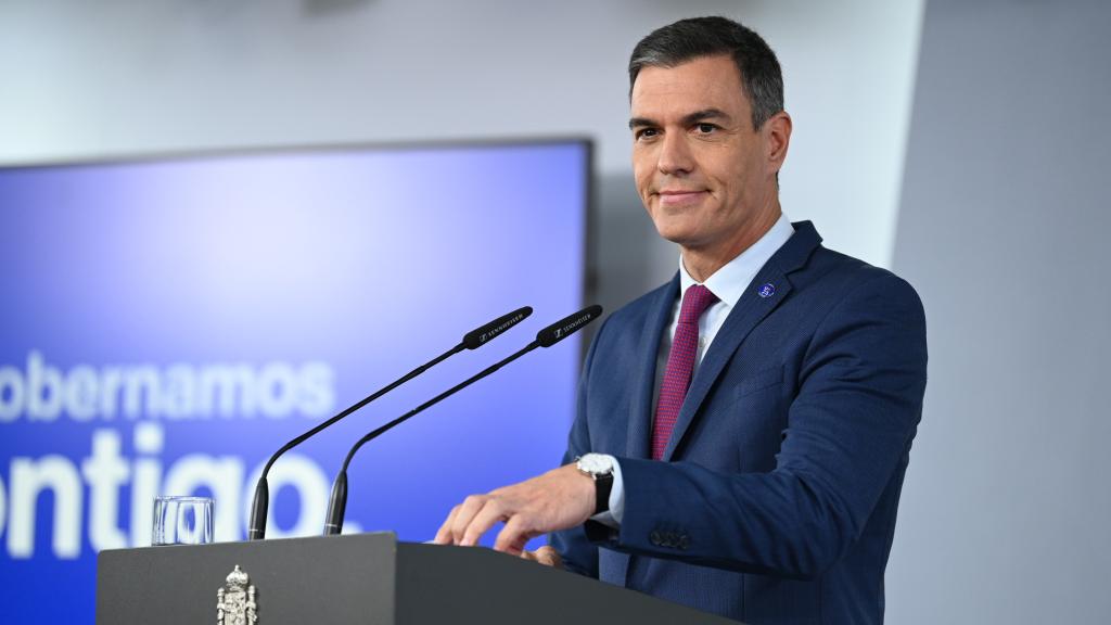 El presidente en funciones Pedro Sánchez, este martes durante la comparecencia que ha ofrecido en la Moncloa.