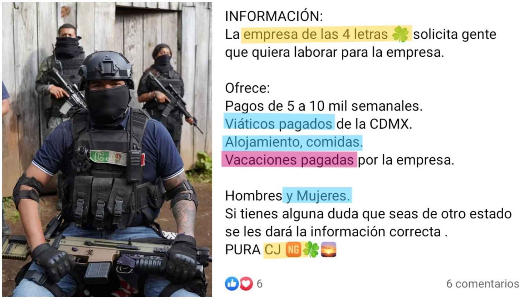 Un miembro del cártel Jalisco Nueva Generación (CJNG) y un anuncio de trabajo en Facebook.