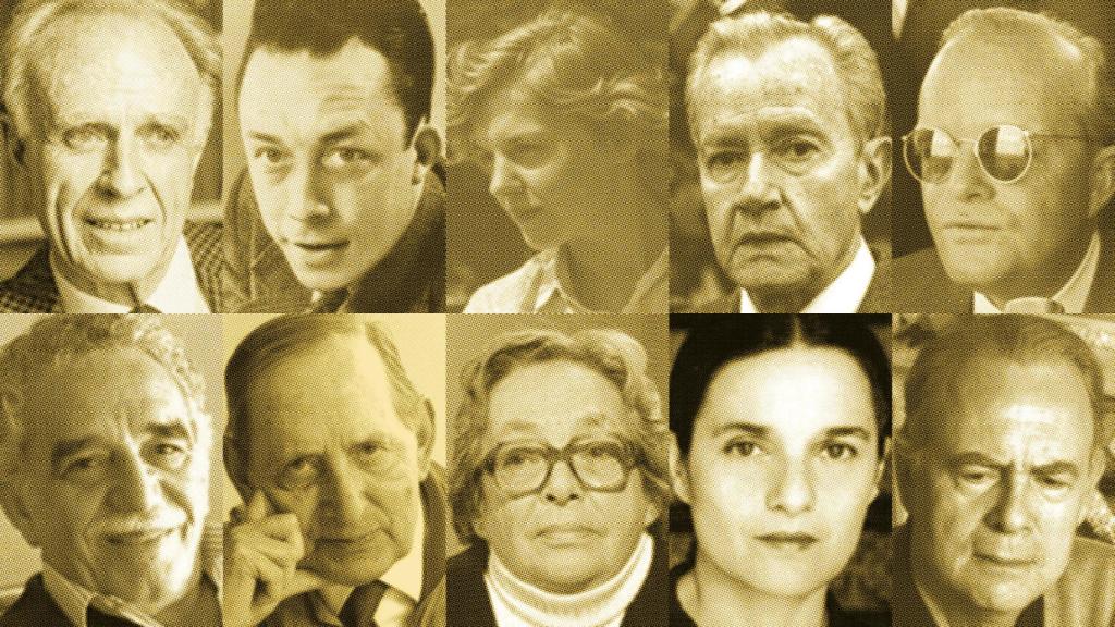 De izquierda a derecha y de arriba abajo, Adolfo Bioy Casares, Albert Camus, Elizabeth Smart, Juan Rulfo, Truman Capote, Gabriel García Márquez, Miguel Delibes, Marguerite Duras, Adelaida García Morales y Patrick Modiano