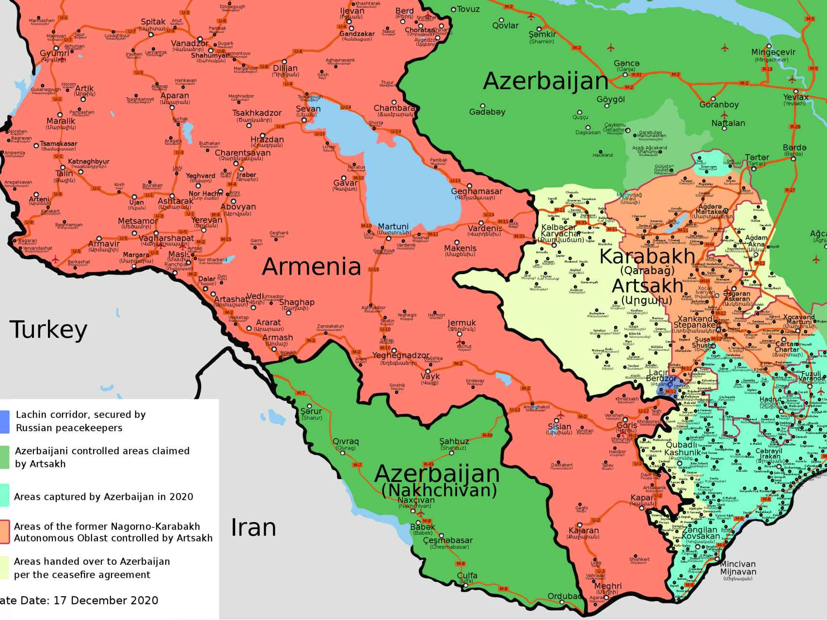 Mapa político del Alto Karabaj y el resto de la región.