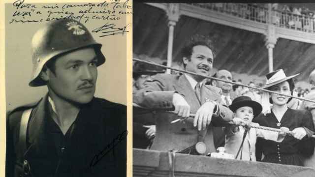 Ángel Alcázar de Velasco con la vestimenta de Falange y en la posguerra viendo una corrida de toros con su familia.