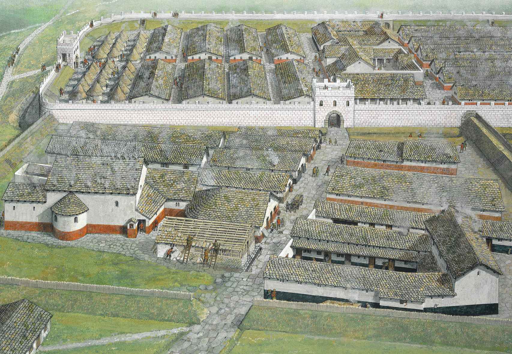 Recreación de Vindolanda hacia 200 d.C., con el 'vici' en primer plano.