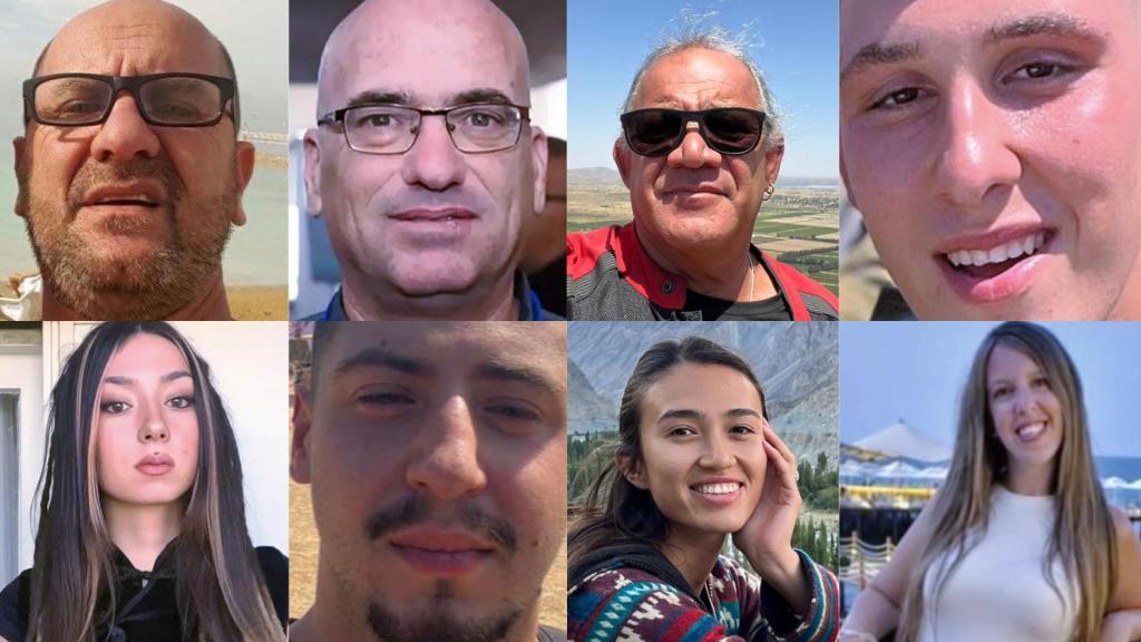 (De izquierda a derecha, arriba) Ariel Shagerman, superviviente; Ofir Libstein, asesinado; Avi Polonski, superviviente; Nathaniel Young, asesinado / (Abajo) Shani Louk, se cree que asesinada; Jake Marlowe, desaparecido; Noa Argamani, secuestrada; Doron Asher, secuestrada junto a sus dos hijos.