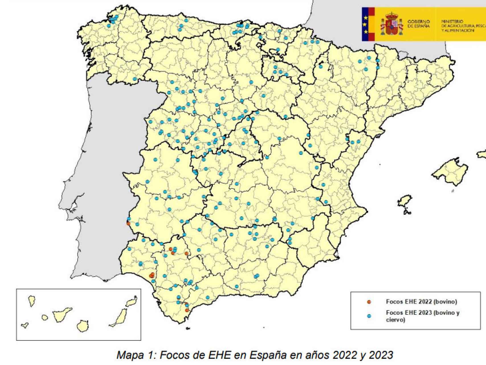 Mapa de los focos con EHE en España