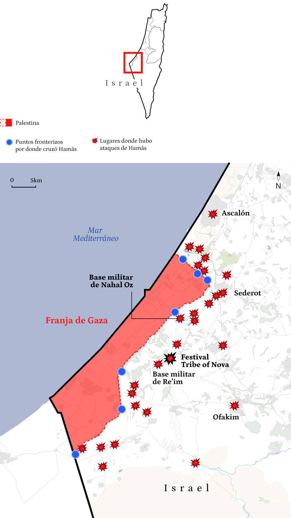 Mapa de los ataques de Hamás desde la Franja de Gaza.