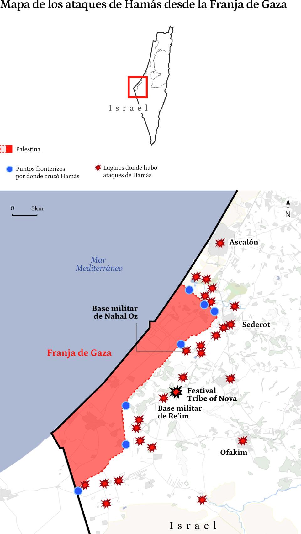 Mapa de los ataques desde la Franja de Gaza.