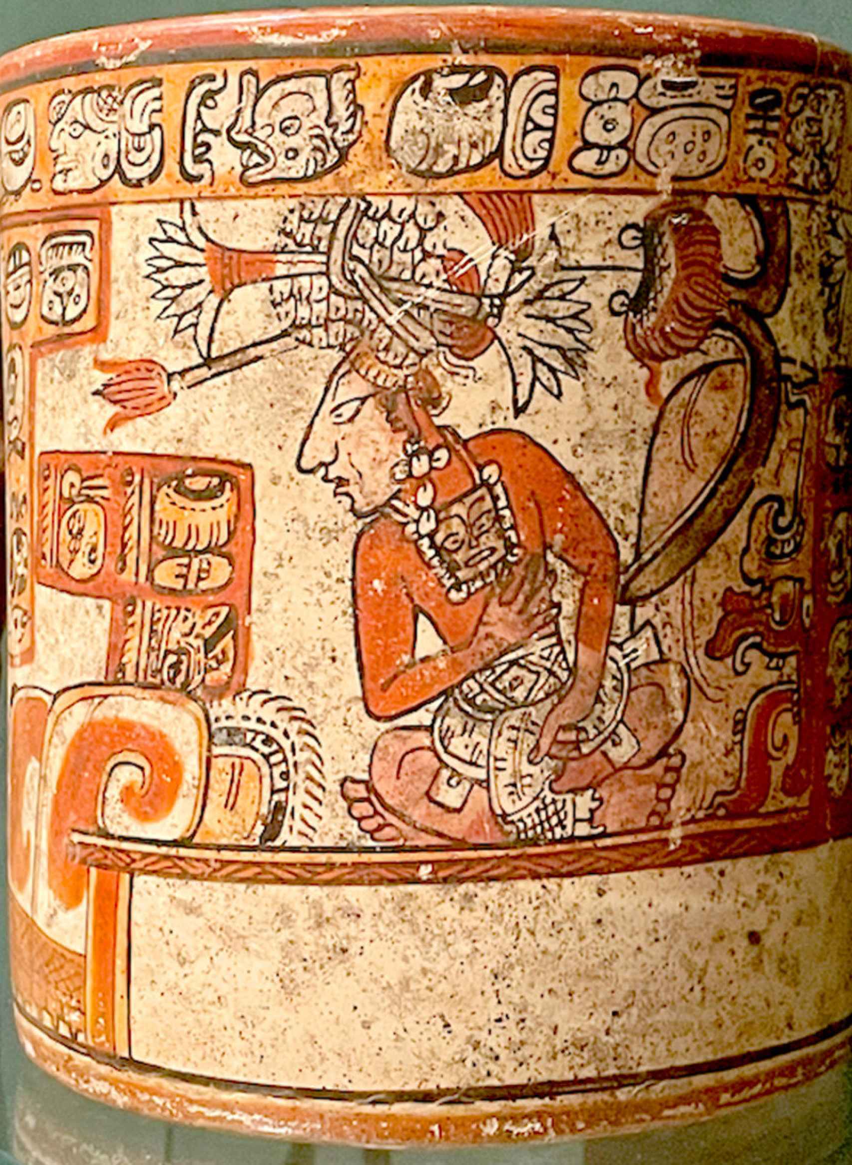 Recipiente maya (c. 700-800 d.C.) que representa a un gobernante sentado en un trono llevando un tocado de nenúfar.