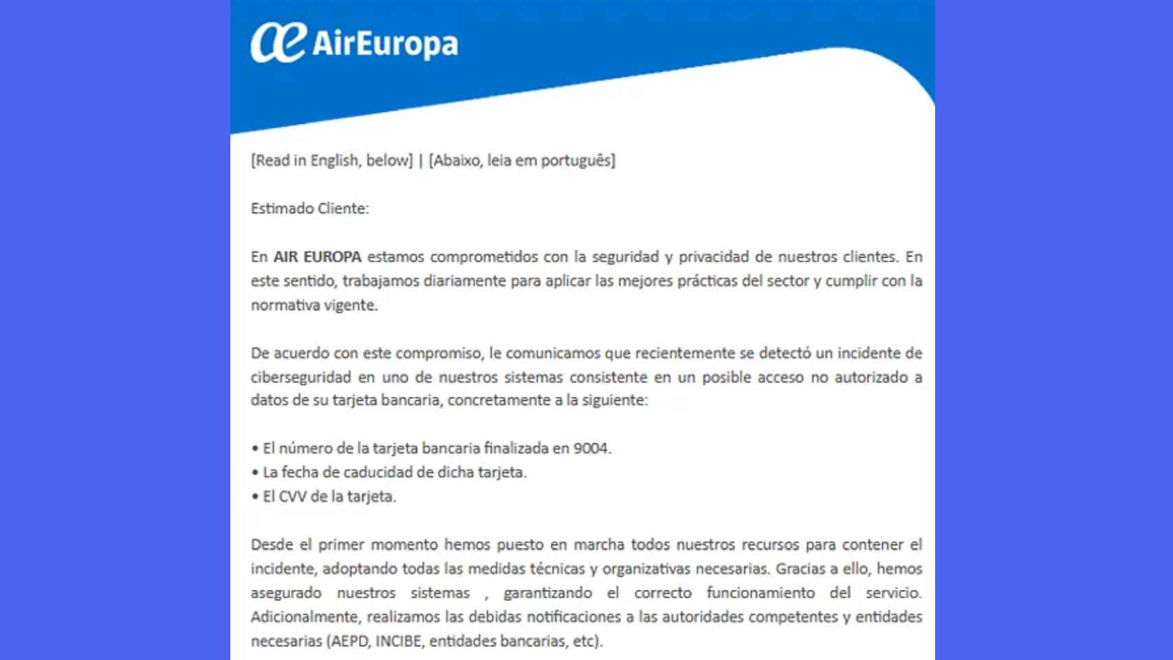 El correo de electrónico de Air Europa.