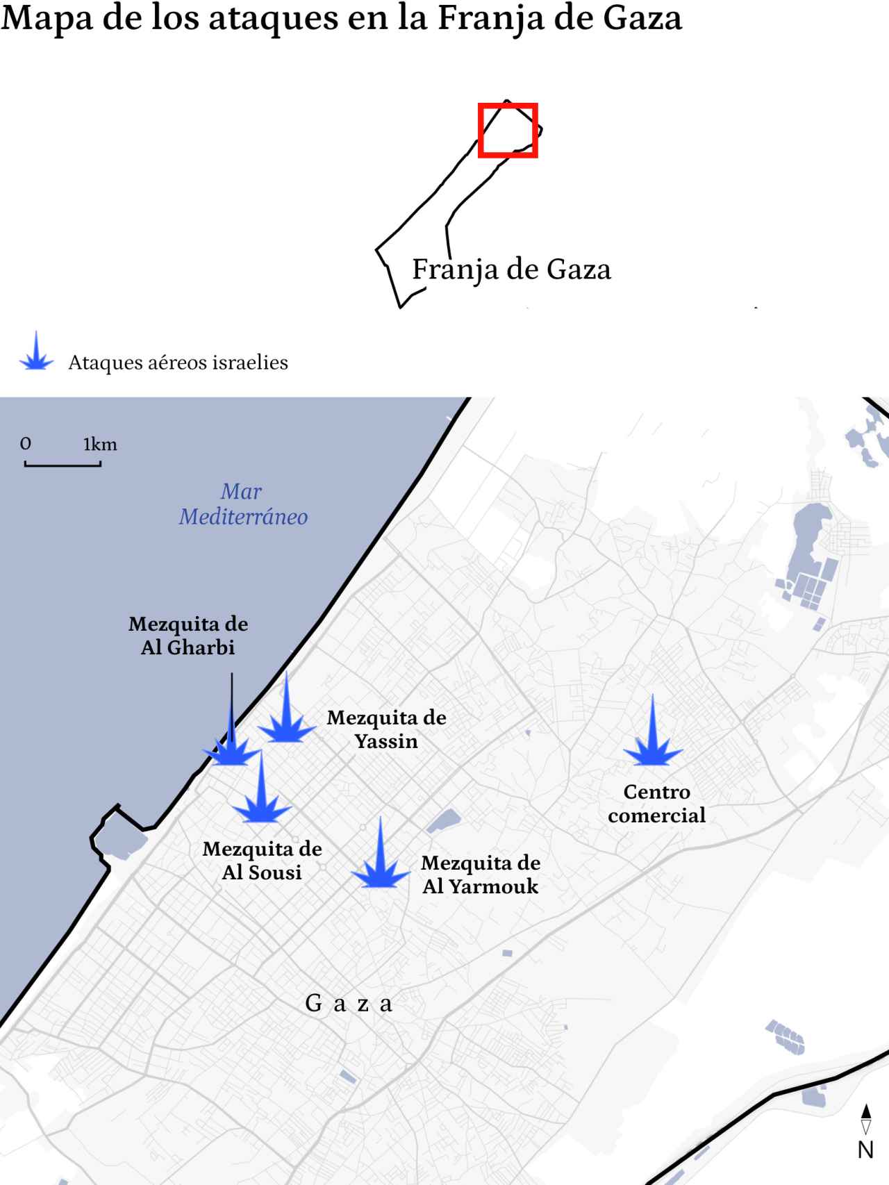 Mapa de los ataques el 9 de octubre en la parte norte de la Franja de Gaza.