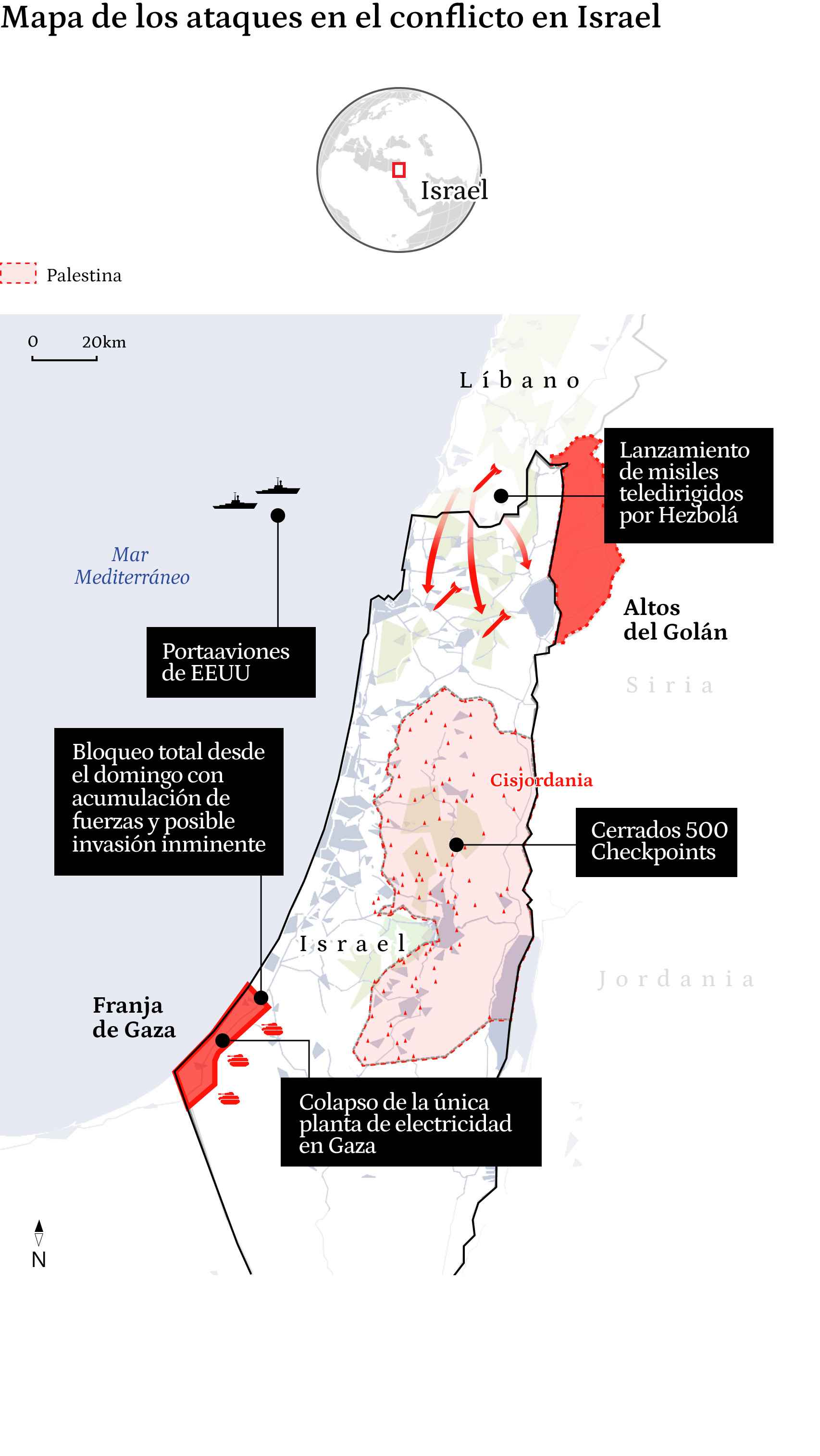 Mapa de la situación actual del conflicto de Israel el 11 de octubre de 2023.