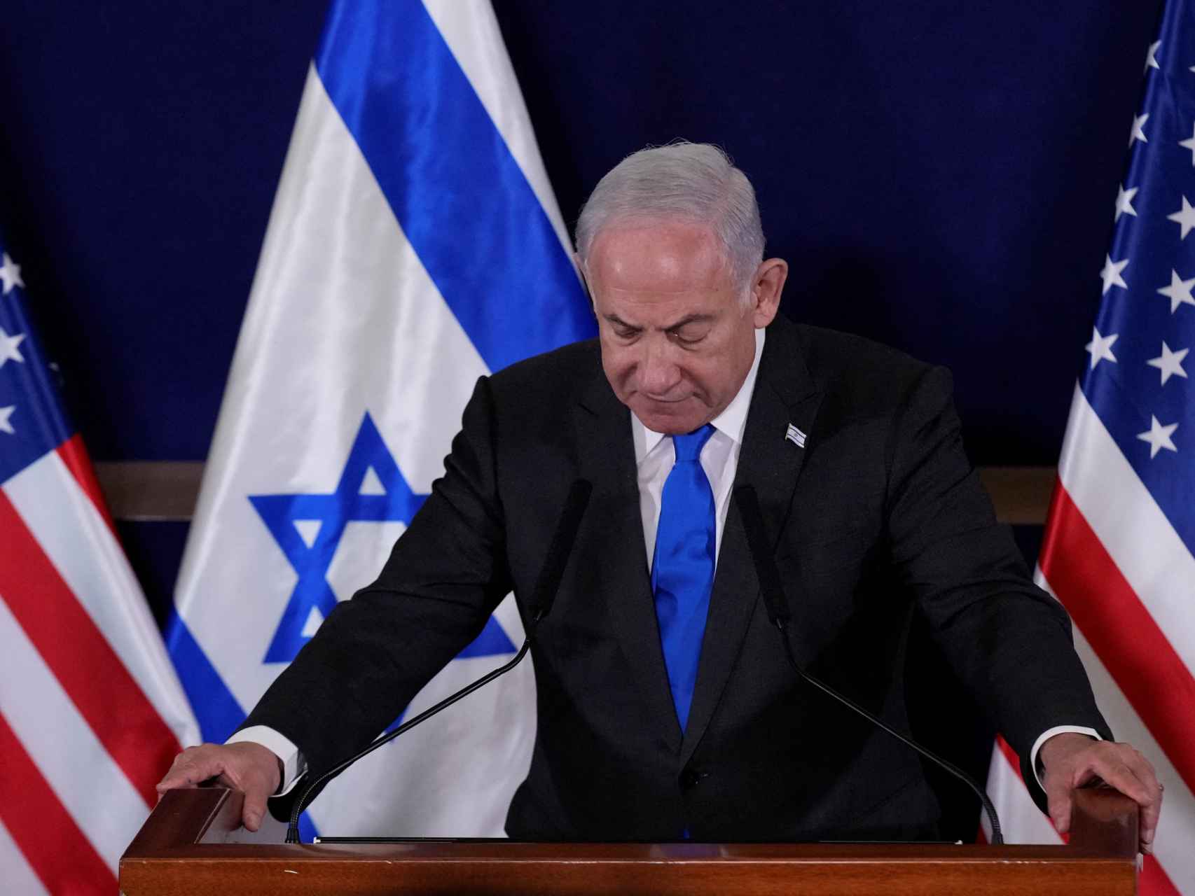 El primer ministro de Israel, Benjamin Netanyahu, en su conferencia de prensa con Anthony Blinken.