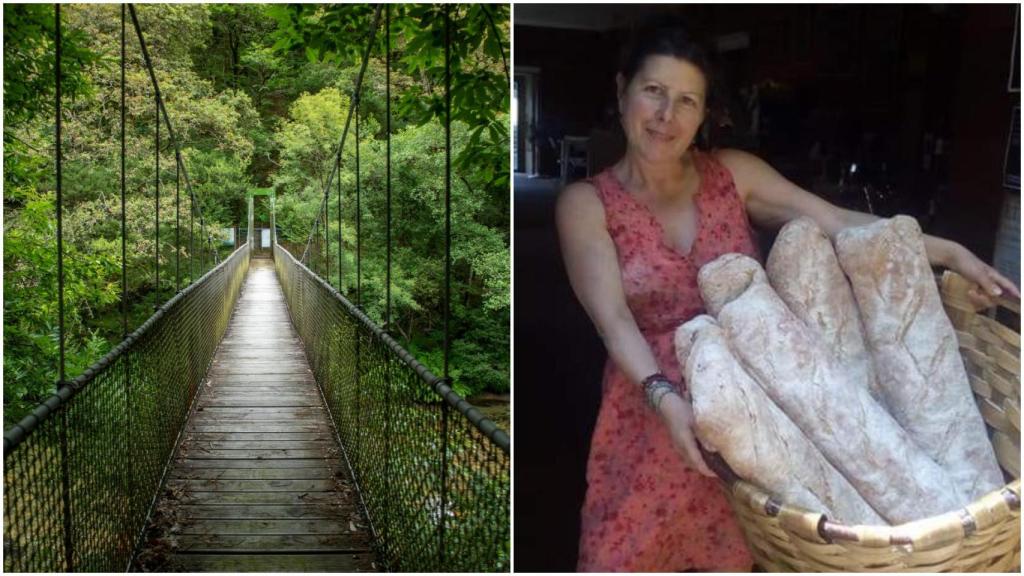 Un puente colgante sobre el río Eume y Carmen Blanco Sanjurjo cargando con barras de pan para abastecer la Taberna de Caaveiro