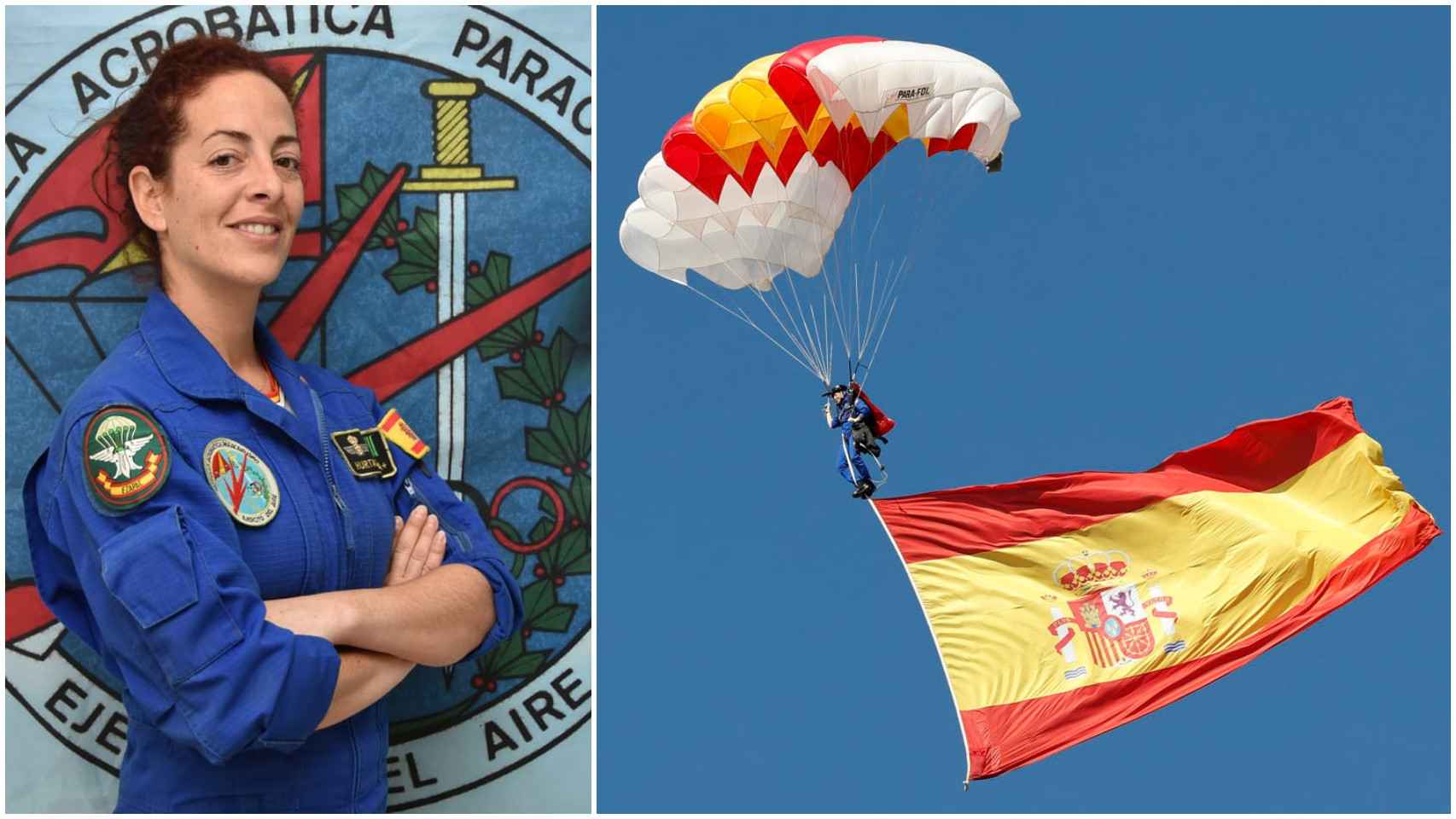 La cabo Carmen Gómez, la primera paracaidista mujer en saltar con la bandera de España el 12 de octubre.