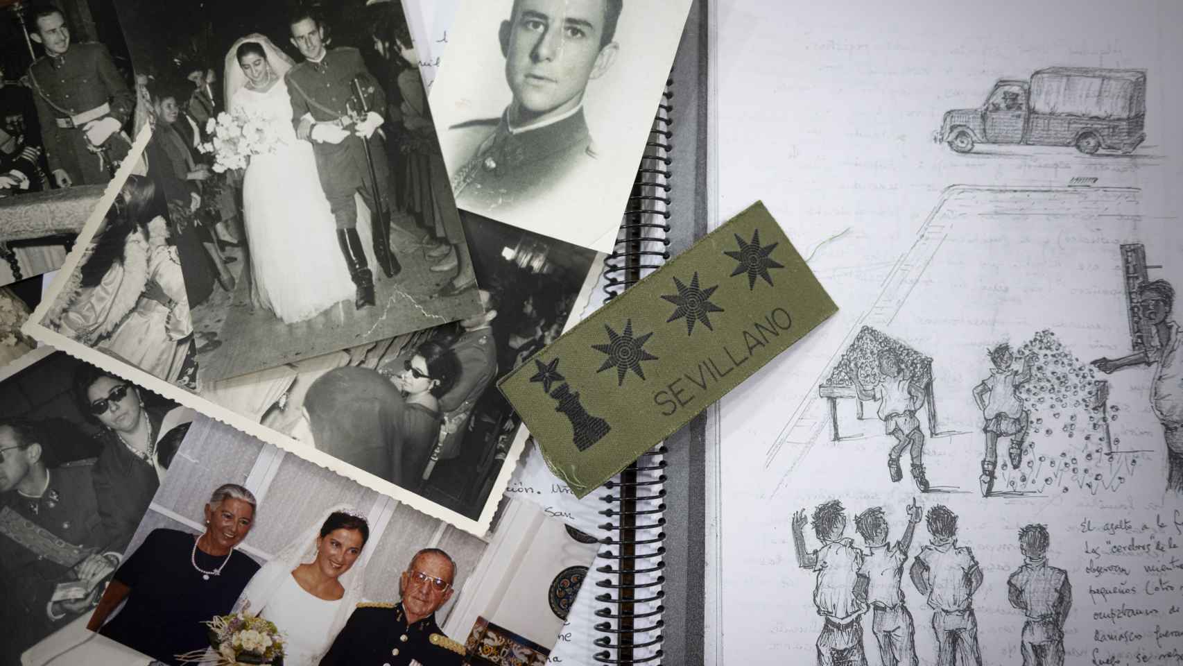 Fotografías familiares de  José Sevillano, junto a sus dibujos y  la enseña como miembro del Estado Mayor.