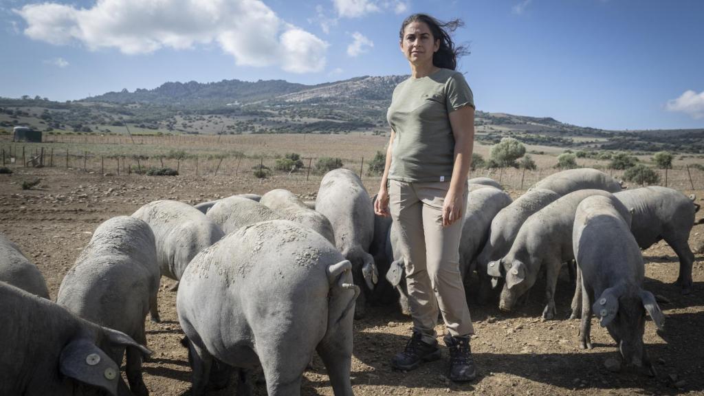 Ana, con los cerdos nacidos en octubre de 2022. Sus jamones estarán listos en 2027.