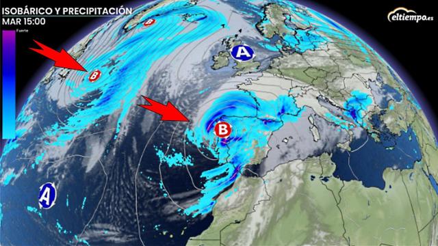 La borrasca situada sobre España el próximo martes 17 de octubre. ElTiempo.es