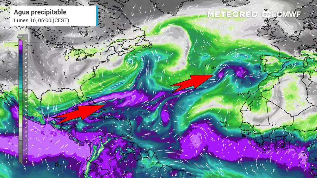 El 'río atmosférico' que impulsa el paso de las borrascas hacia España. Meteored.