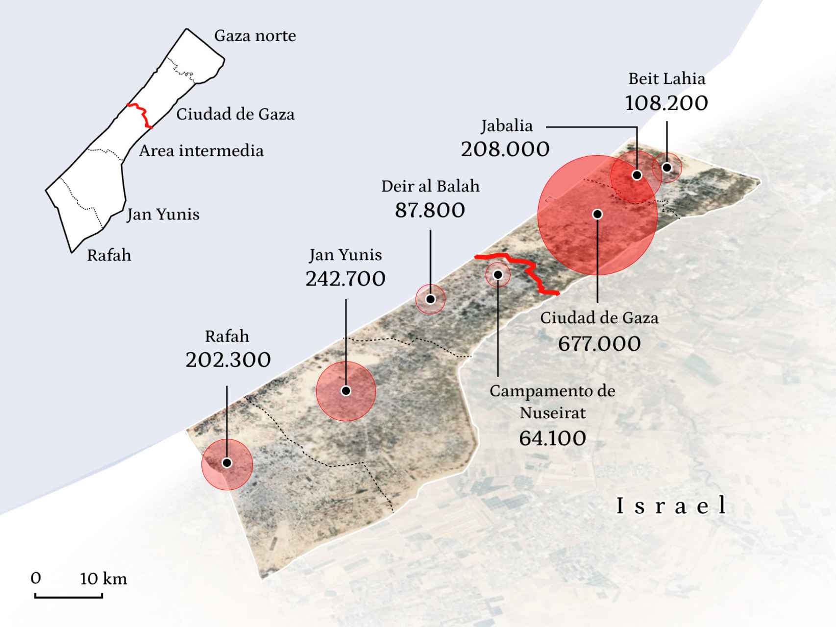 Población y división de la Franja de Gaza.