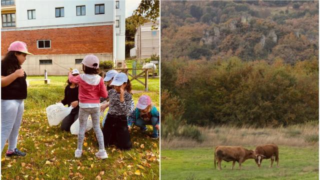 Alumnas del CEIP Antía Cal en Muras (izq.), entorno de Allariz (dcha.)