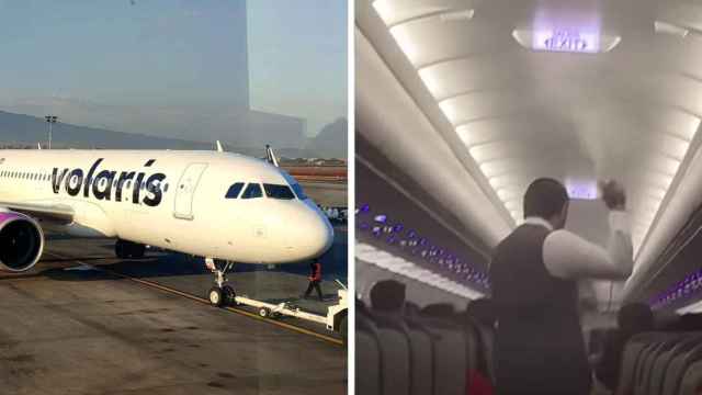 Uno de los aviones de Volaris en imagen de la compañía y una de las capturas del vídeo viral.