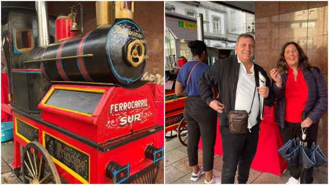 A la izquierda, el famoso tren, a la derecha, dos turistas madrileños a punto de degustar unas castañas.