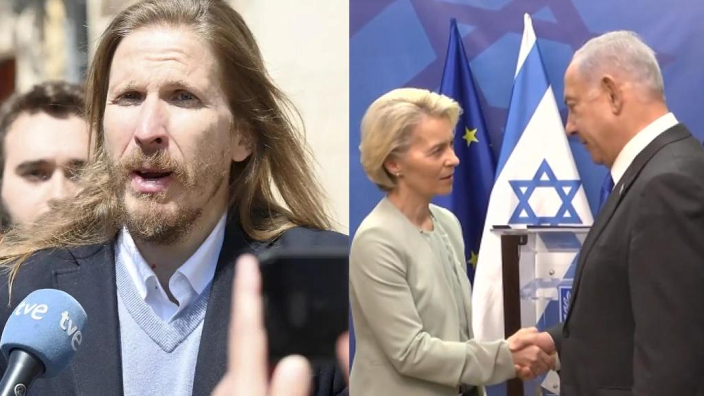 Pablo Fernández, a la izquierda. A la derecha, encuentro entre Ursula von der Leyen y Netanyahu