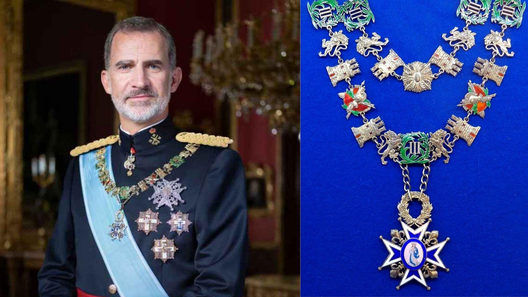 A la izquierda, Felipe VI llevando el Collar de Carlos III; a la derecha, detalle de la condecoración.