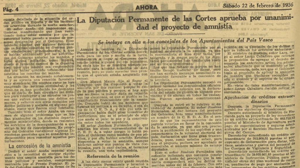 Página del diario 'Ahora' sobre la aprobación de la amnistía, el 22 de febrero de 1936.