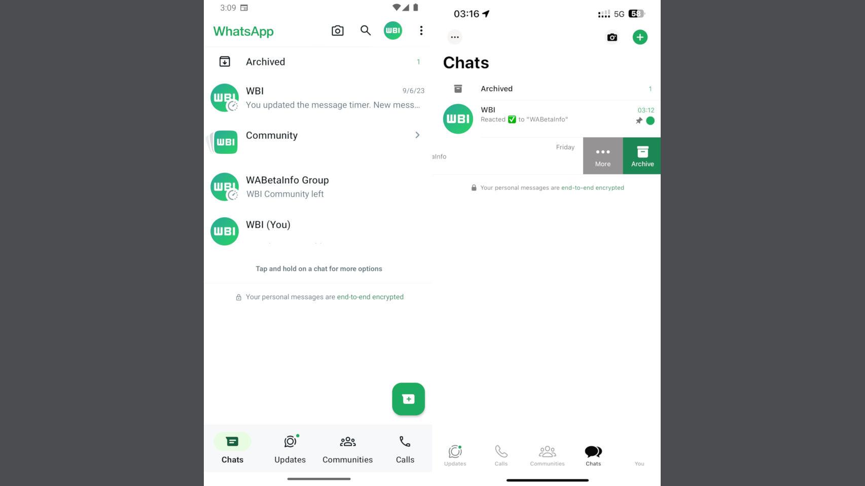 El nuevo diseño de WhatsApp en Android (izq) y en iOS (der)