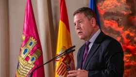 Emiliano García-Page, presidente de Castilla-La Mancha, este lunes durante su discurso institucional en Sigüenza