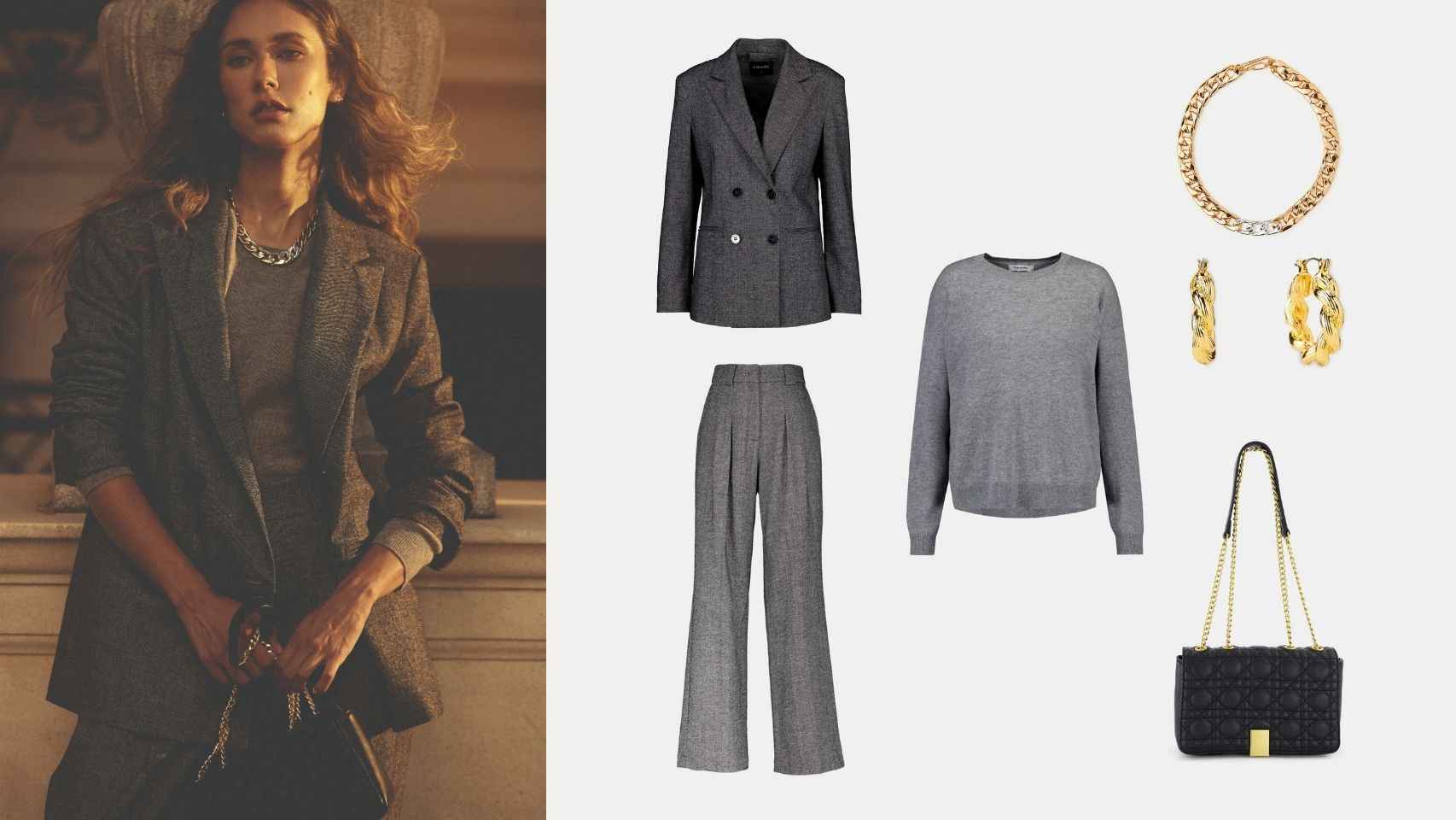 Combinación de chaqueta (120€) y pantalón de vestir (79,99€), jersey cuello redondo (79,99€), bolso acolchado (49,99€) y colgante (25,99€) de Tintoretto.