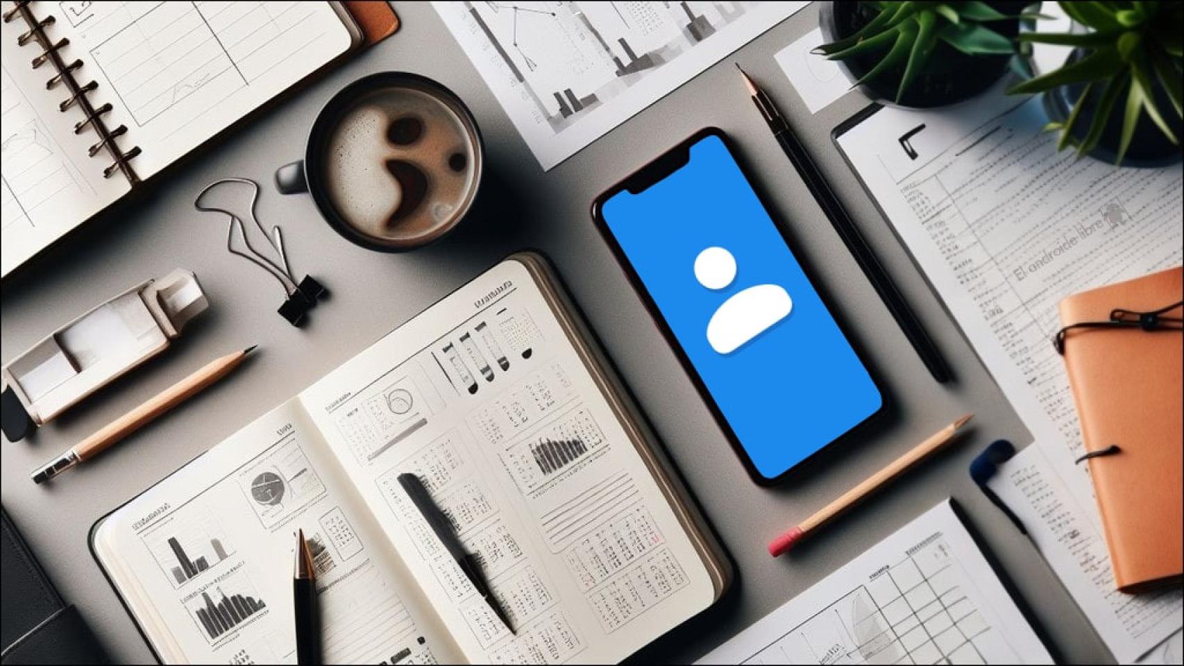 Imagen de un escritotrio con un móvil con la app de Contactos