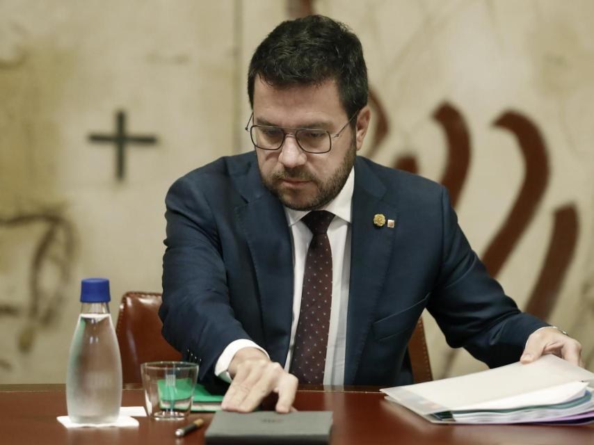 Pere Aragonés, presidente catalán, este martes en la reunión de su gobierno.