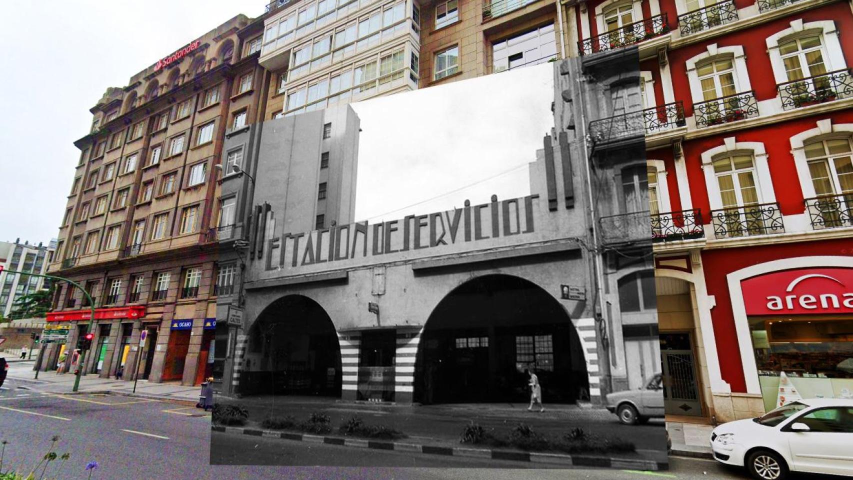 Vista actual de Cuatro Caminos con la vieja estación de servicio sobreimpuesta