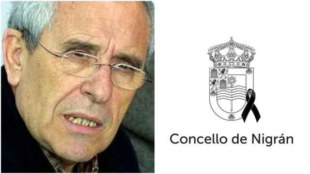 Manuel Rial Cadaval y el escudo de Nigrán con un lazo negro.